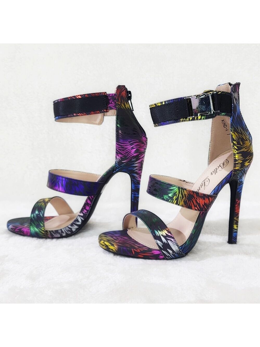NIB NEW Festive Colorful Metallic Reflective Triple Strap High Heel Shoes